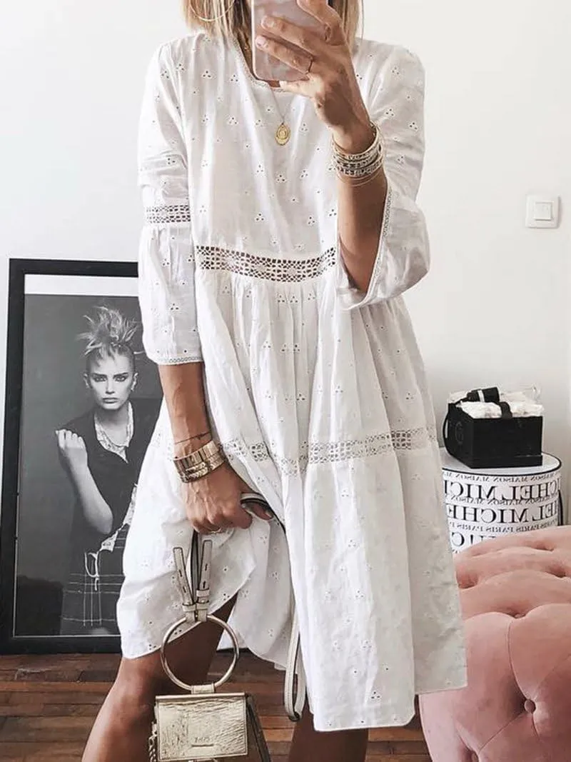 Lace Eyelet Spliced Embroidered Midi Dress for Women Summer Boho 3/4 Sleeve Flowy Baggy Plus Size Short Dresses