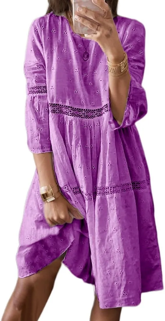 Lace Eyelet Spliced Embroidered Midi Dress for Women Summer Boho 3/4 Sleeve Flowy Baggy Plus Size Short Dresses