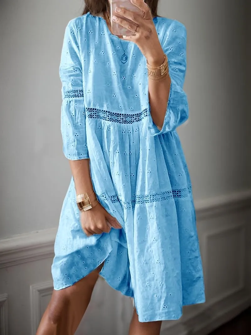 Lace Eyelet Spliced Embroidered Midi Dress for Women Summer Boho 3/4 Sleeve Flowy Baggy Plus Size Short Dresses