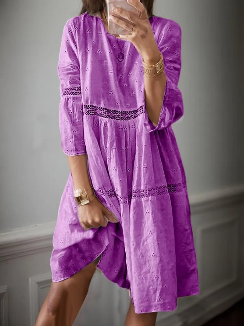 Lace Eyelet Spliced Embroidered Midi Dress for Women Summer Boho 3/4 Sleeve Flowy Baggy Plus Size Short Dresses