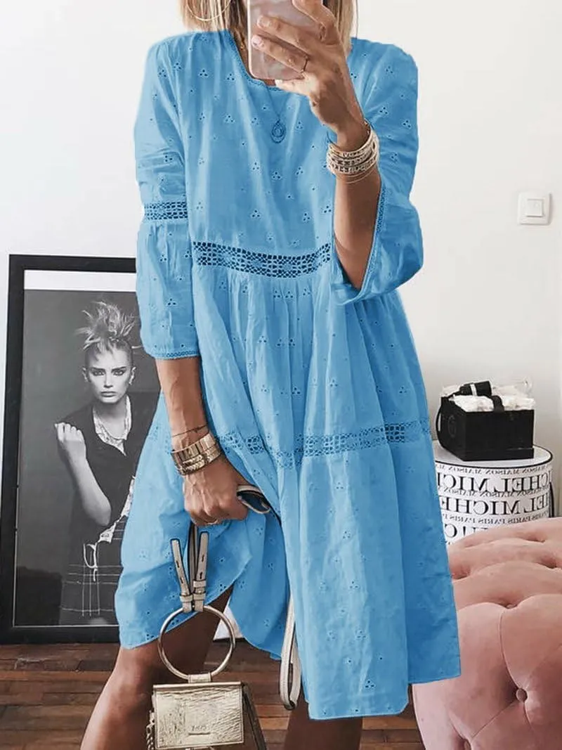 Lace Eyelet Spliced Embroidered Midi Dress for Women Summer Boho 3/4 Sleeve Flowy Baggy Plus Size Short Dresses