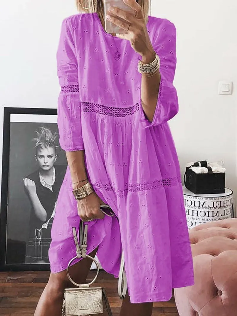 Lace Eyelet Spliced Embroidered Midi Dress for Women Summer Boho 3/4 Sleeve Flowy Baggy Plus Size Short Dresses