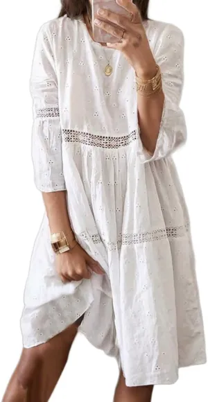 Lace Eyelet Spliced Embroidered Midi Dress for Women Summer Boho 3/4 Sleeve Flowy Baggy Plus Size Short Dresses
