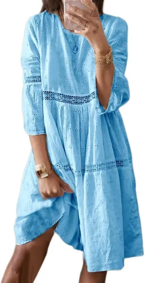 Lace Eyelet Spliced Embroidered Midi Dress for Women Summer Boho 3/4 Sleeve Flowy Baggy Plus Size Short Dresses