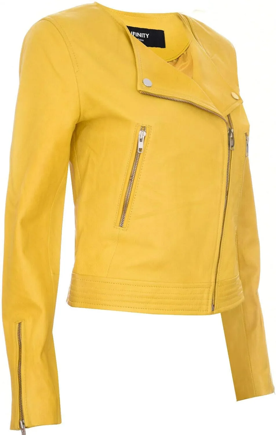 Ladies Leather Jacket Classic Biker Style Real Collarless Womens Jacket