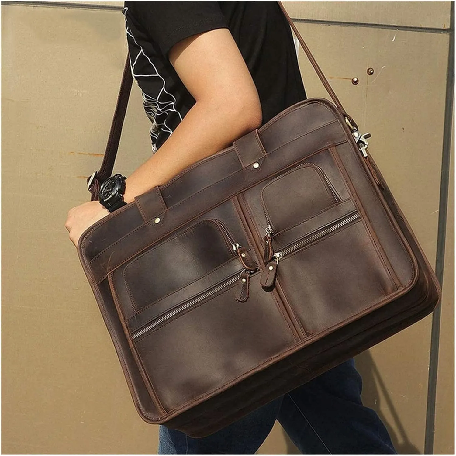 Laptop Briefcase Large Capacity, Multi Pocket Messenger Bag Waterproof Vintage Crazy Leather Briefcase
