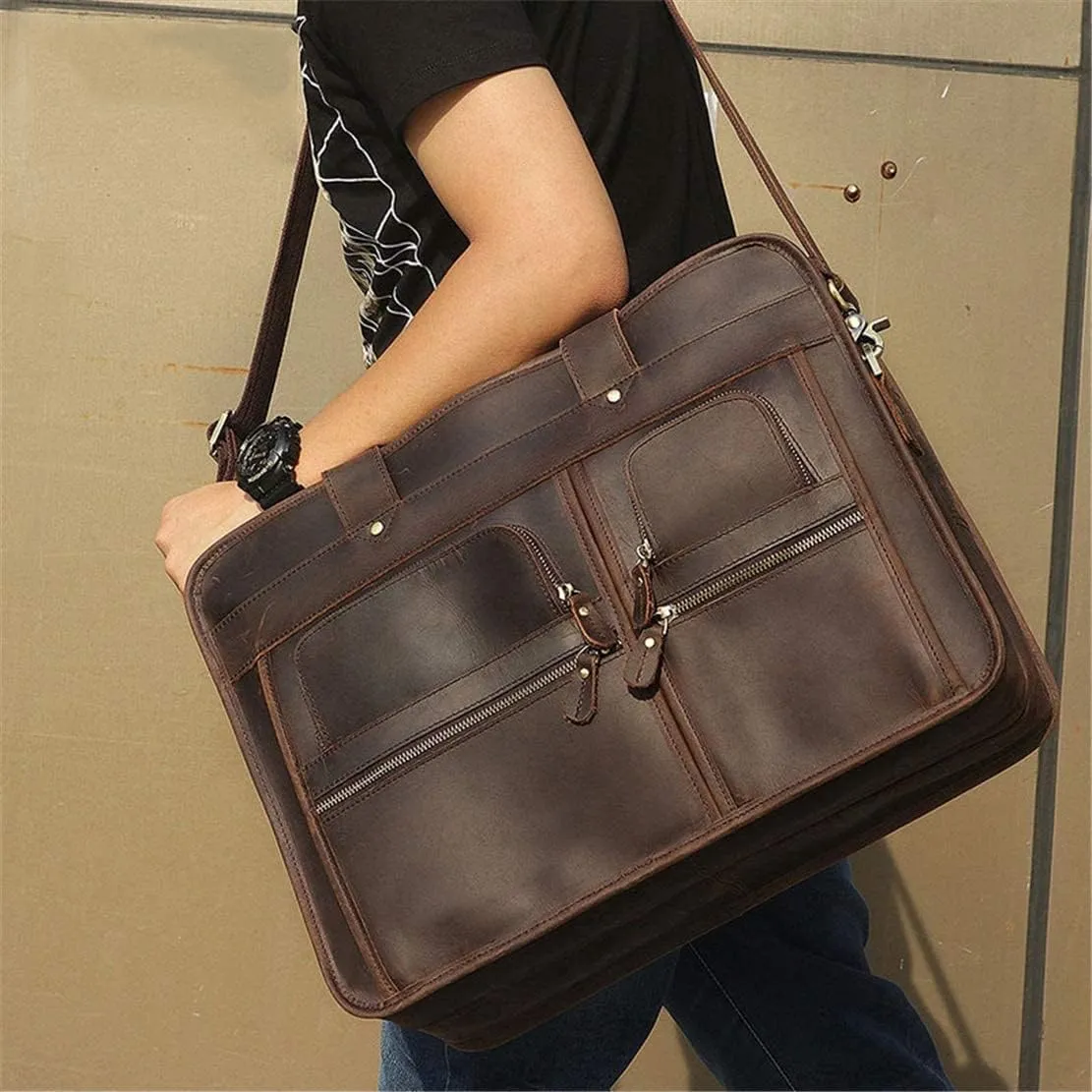 Laptop Briefcase Large Capacity, Multi Pocket Messenger Bag Waterproof Vintage Crazy Leather Briefcase