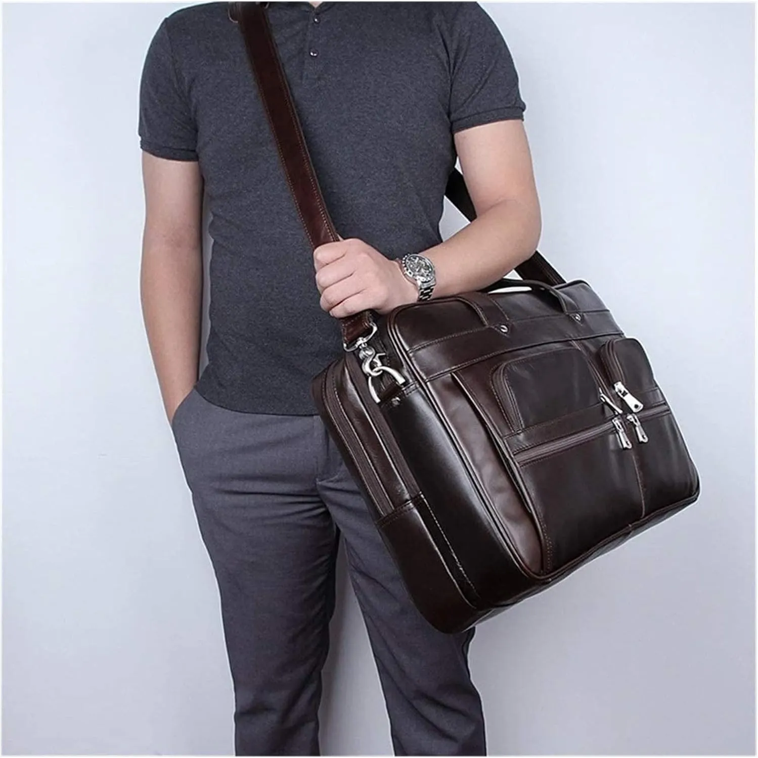 Laptop Briefcase Large Capacity, Multi Pocket Messenger Bag Waterproof Vintage Crazy Leather Briefcase