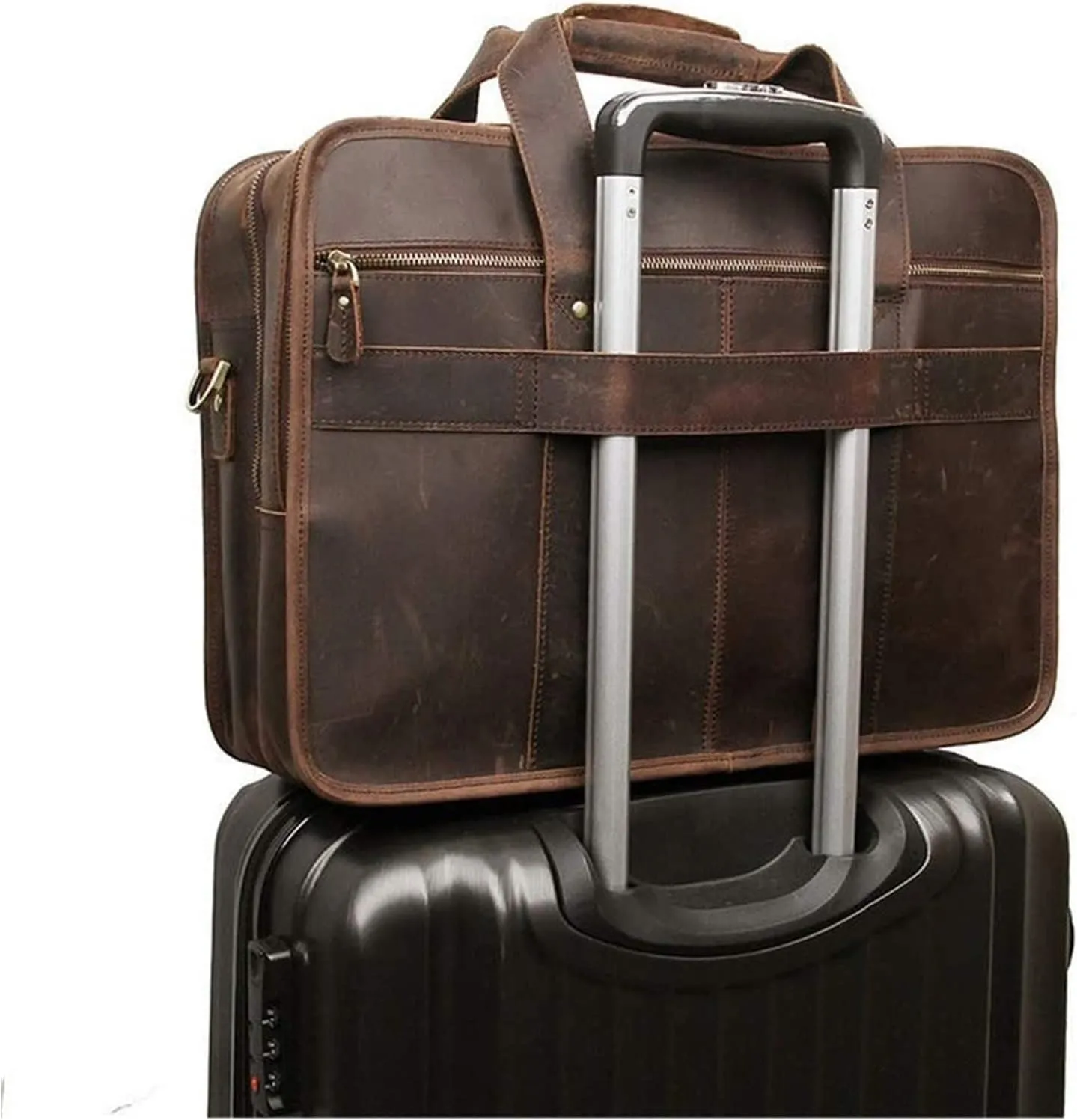 Laptop Briefcase Large Capacity, Multi Pocket Messenger Bag Waterproof Vintage Crazy Leather Briefcase