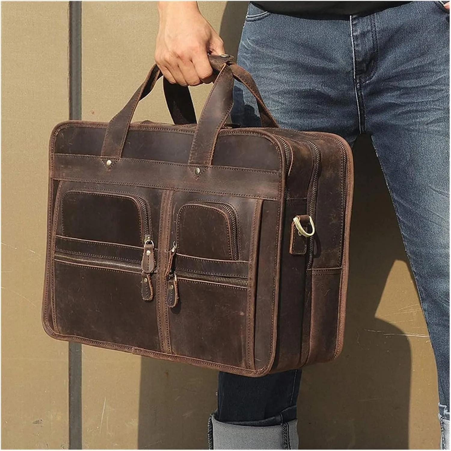 Laptop Briefcase Large Capacity, Multi Pocket Messenger Bag Waterproof Vintage Crazy Leather Briefcase
