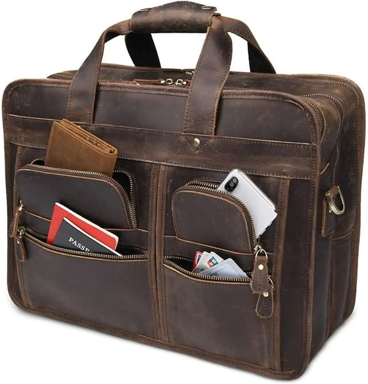 Laptop Briefcase Large Capacity, Multi Pocket Messenger Bag Waterproof Vintage Crazy Leather Briefcase