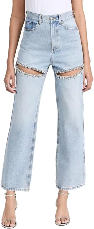 LaurelTree Women's Baggy High Waist Jeans with Rhinestone Studded Cut Outs Ripped Bedazzled Denim Fashion Y2K Wide Leg Pants