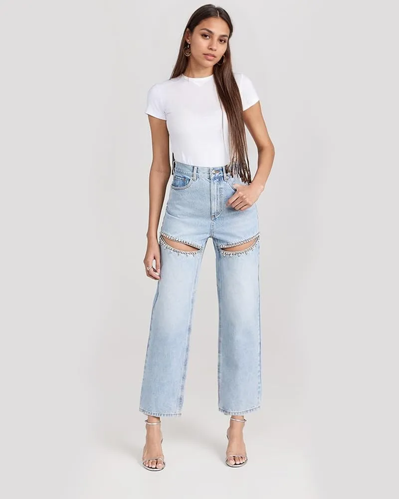 LaurelTree Women's Baggy High Waist Jeans with Rhinestone Studded Cut Outs Ripped Bedazzled Denim Fashion Y2K Wide Leg Pants