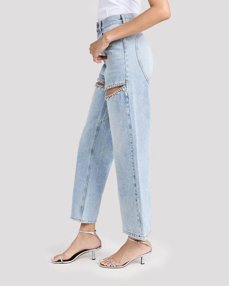 LaurelTree Women's Baggy High Waist Jeans with Rhinestone Studded Cut Outs Ripped Bedazzled Denim Fashion Y2K Wide Leg Pants