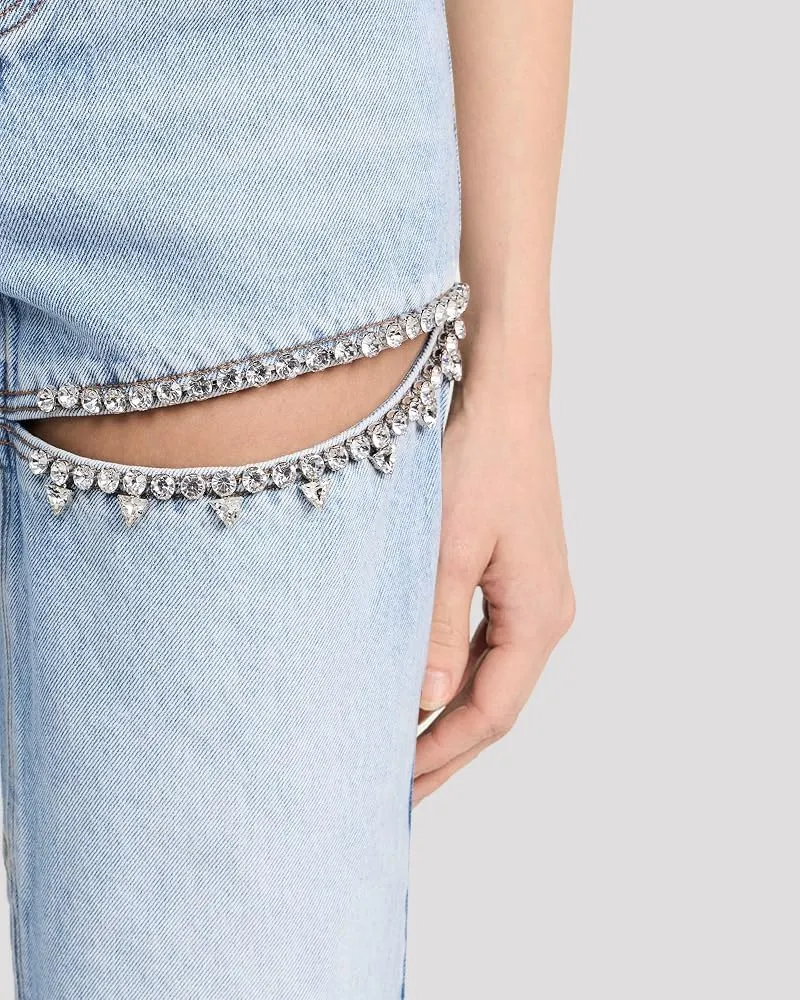 LaurelTree Women's Baggy High Waist Jeans with Rhinestone Studded Cut Outs Ripped Bedazzled Denim Fashion Y2K Wide Leg Pants