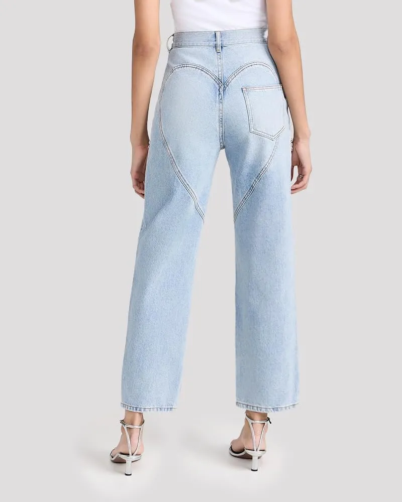 LaurelTree Women's Baggy High Waist Jeans with Rhinestone Studded Cut Outs Ripped Bedazzled Denim Fashion Y2K Wide Leg Pants