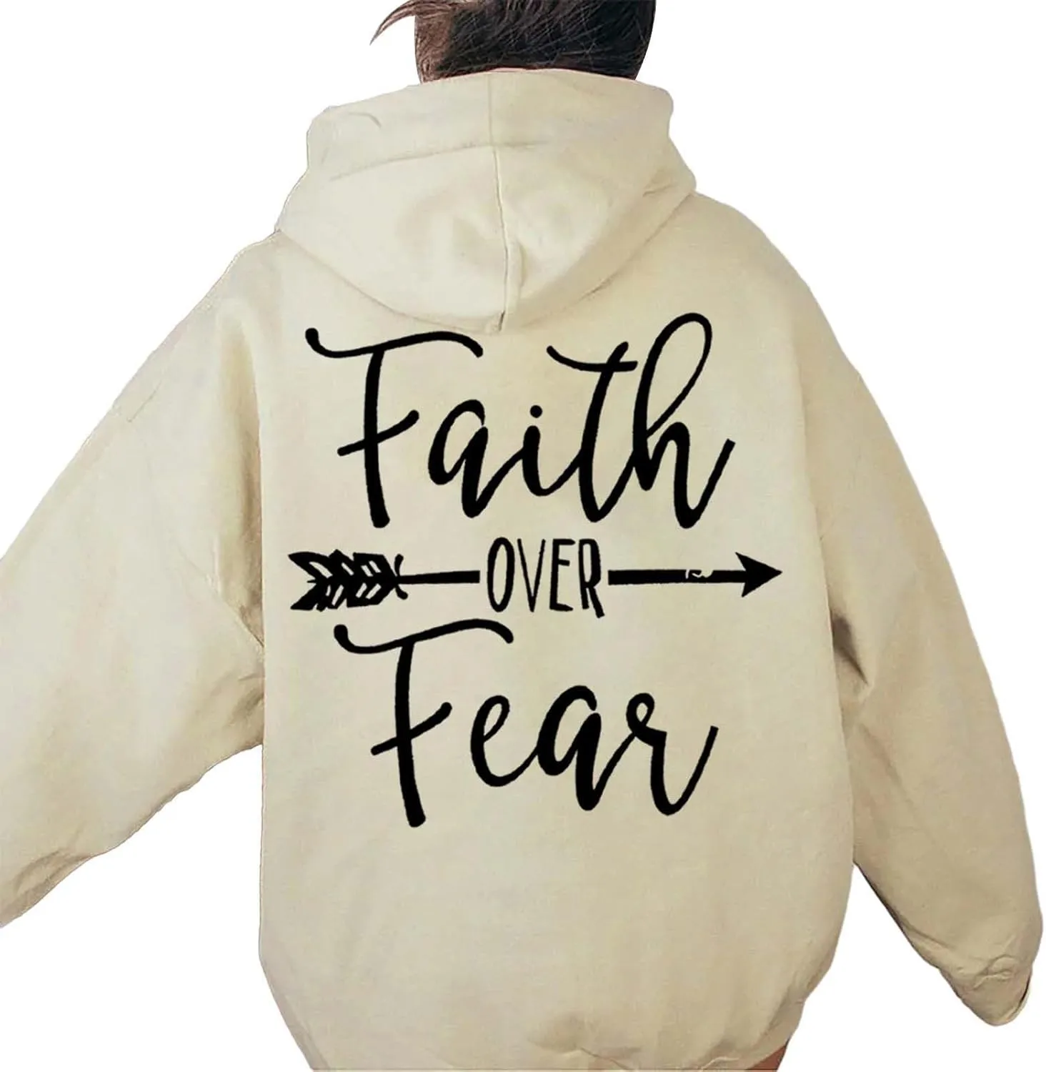 Letter Graphic Hoodie for Women Oversized Long Sleeves Sweatshirt Faith Over Fear Sweater Fall Clothes with Pocket