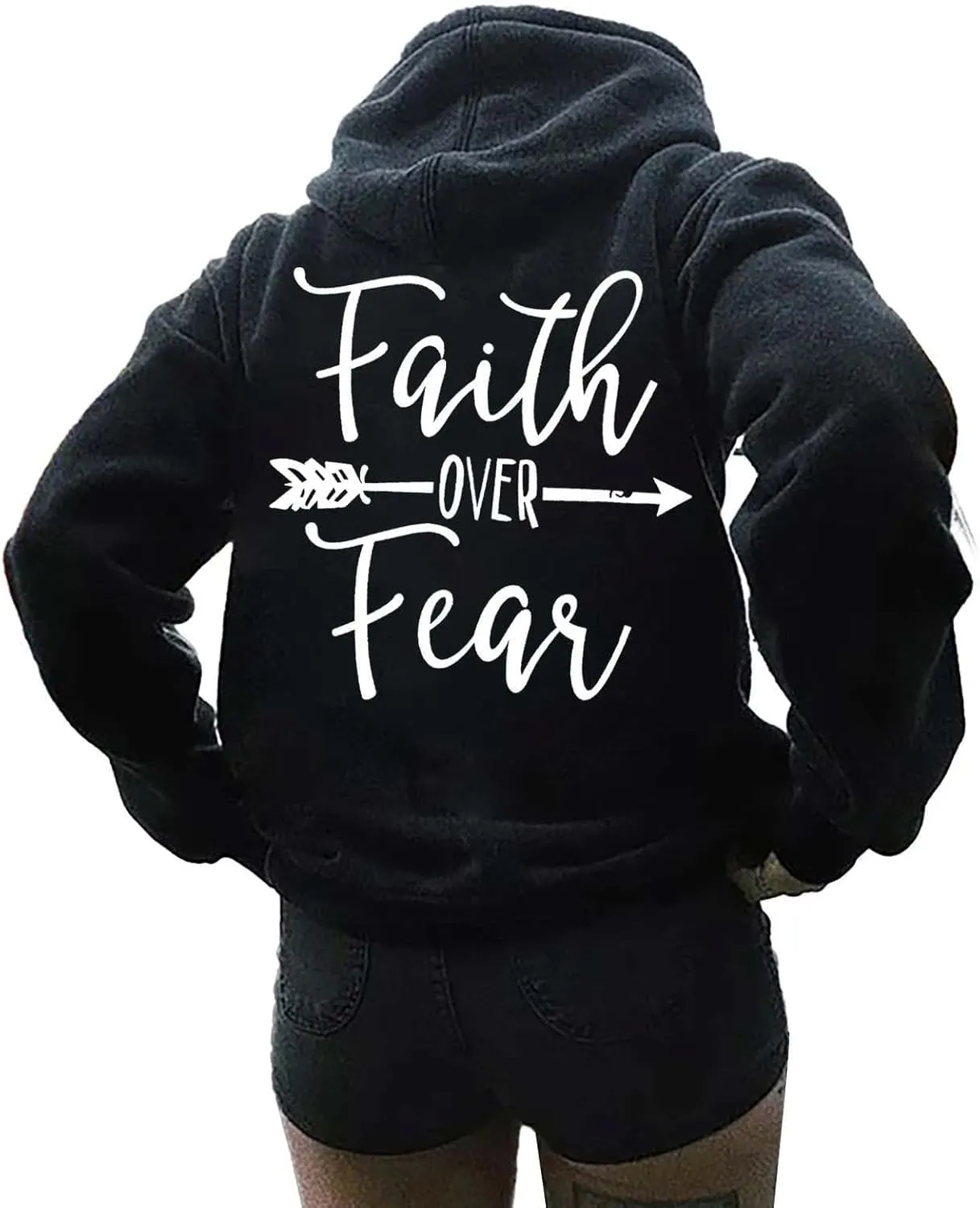Letter Graphic Hoodie for Women Oversized Long Sleeves Sweatshirt Faith Over Fear Sweater Fall Clothes with Pocket