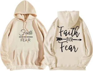 Letter Graphic Hoodie for Women Oversized Long Sleeves Sweatshirt Faith Over Fear Sweater Fall Clothes with Pocket