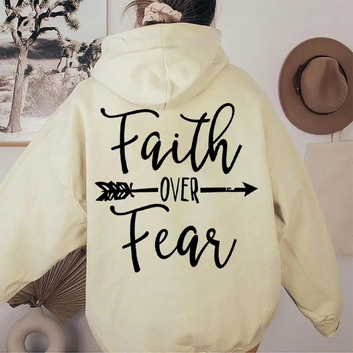 Letter Graphic Hoodie for Women Oversized Long Sleeves Sweatshirt Faith Over Fear Sweater Fall Clothes with Pocket