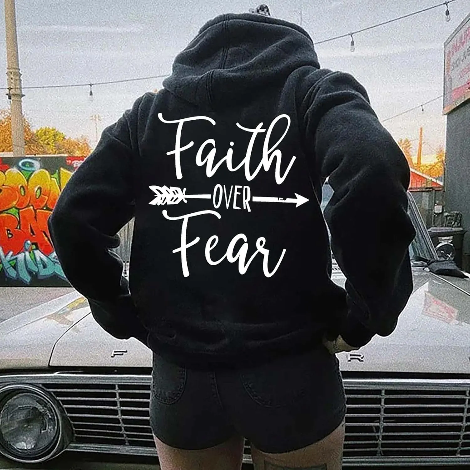 Letter Graphic Hoodie for Women Oversized Long Sleeves Sweatshirt Faith Over Fear Sweater Fall Clothes with Pocket