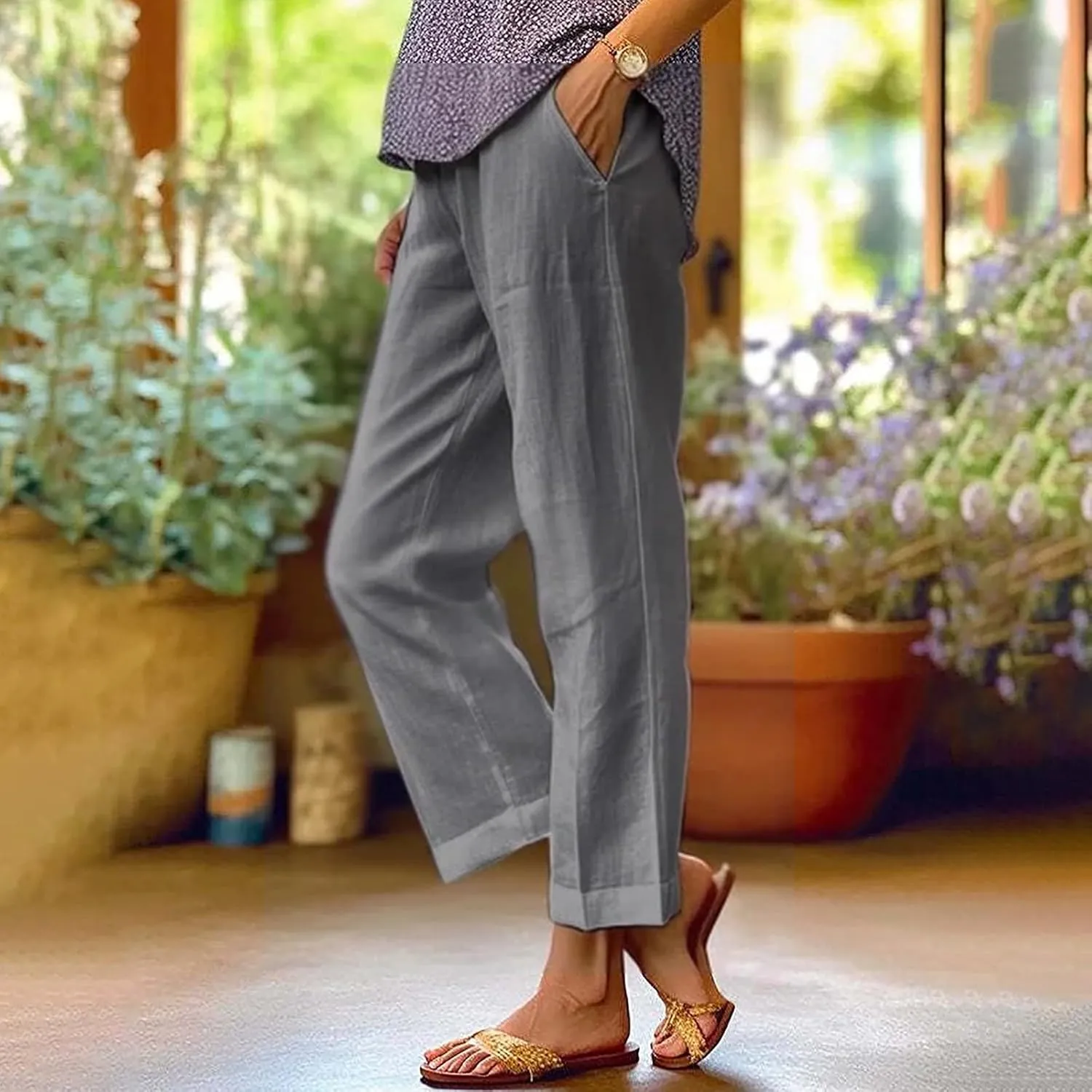 Linen Pants Straight Solid Elastic Pants Long Drawstring Linen Women Waist Cotton 2025 Beach Travel Vacation Outfits