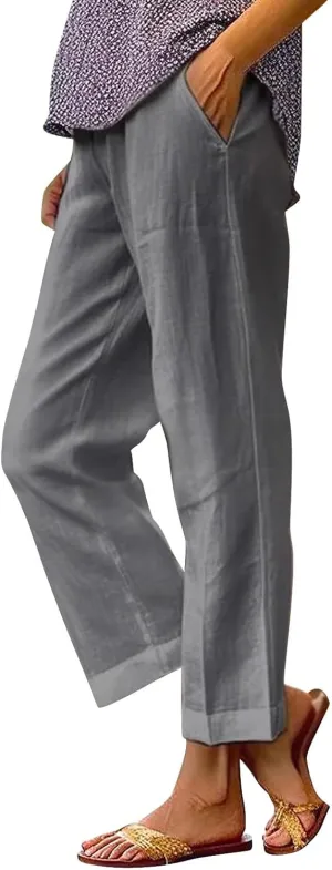 Linen Pants Straight Solid Elastic Pants Long Drawstring Linen Women Waist Cotton 2025 Beach Travel Vacation Outfits