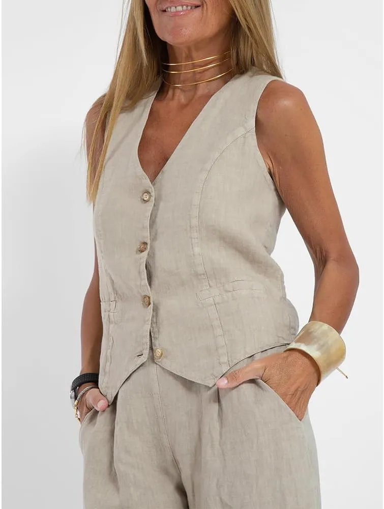 Linen Set for Women 2 Piece Vest and Pants Sets V Neck Button Down Tops Wide Leg Pants Suits Casual with Pockets