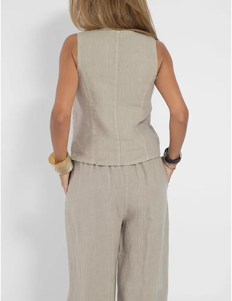 Linen Set for Women 2 Piece Vest and Pants Sets V Neck Button Down Tops Wide Leg Pants Suits Casual with Pockets