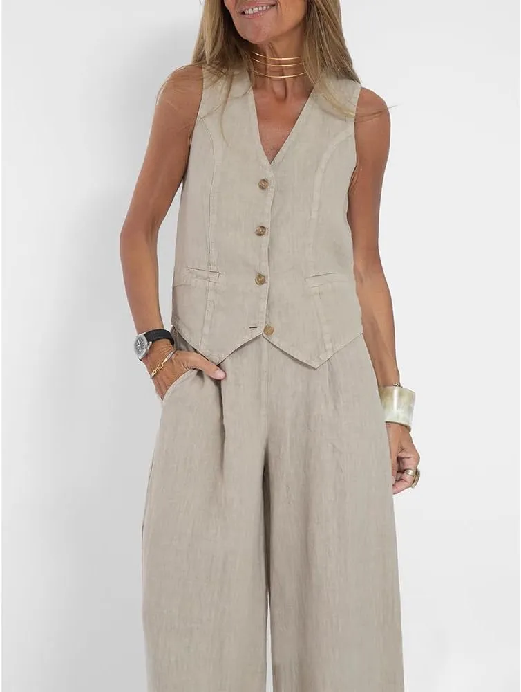 Linen Set for Women 2 Piece Vest and Pants Sets V Neck Button Down Tops Wide Leg Pants Suits Casual with Pockets