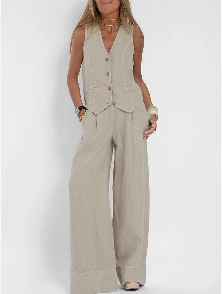 Linen Set for Women 2 Piece Vest and Pants Sets V Neck Button Down Tops Wide Leg Pants Suits Casual with Pockets