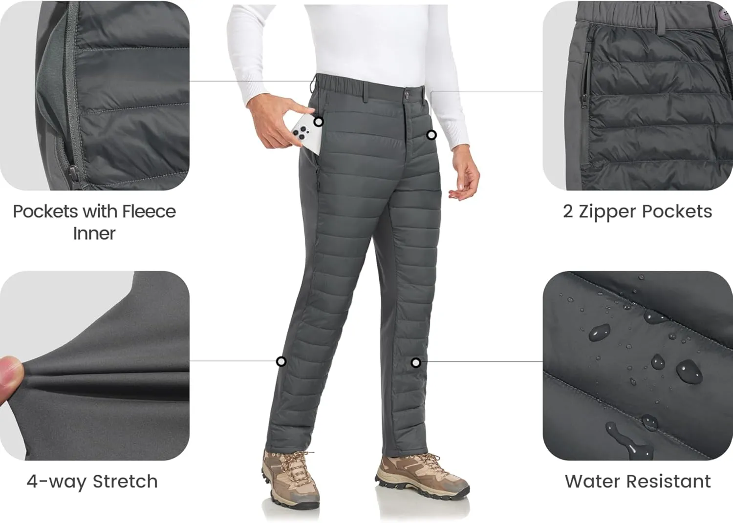 Little Donkey Andy Men's Puffer Pants Warm Fleece Lined Quilted Insulation Snow Ski Pants