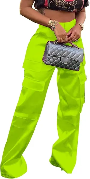 Lucuna Women's Satin Cargo Pants Y2K High Waisted Multi-Pocket Straight Leg Baggy Casual Trousers