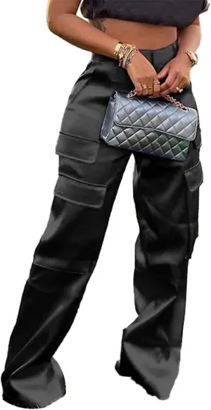 Lucuna Women's Satin Cargo Pants Y2K High Waisted Multi-Pocket Straight Leg Baggy Casual Trousers