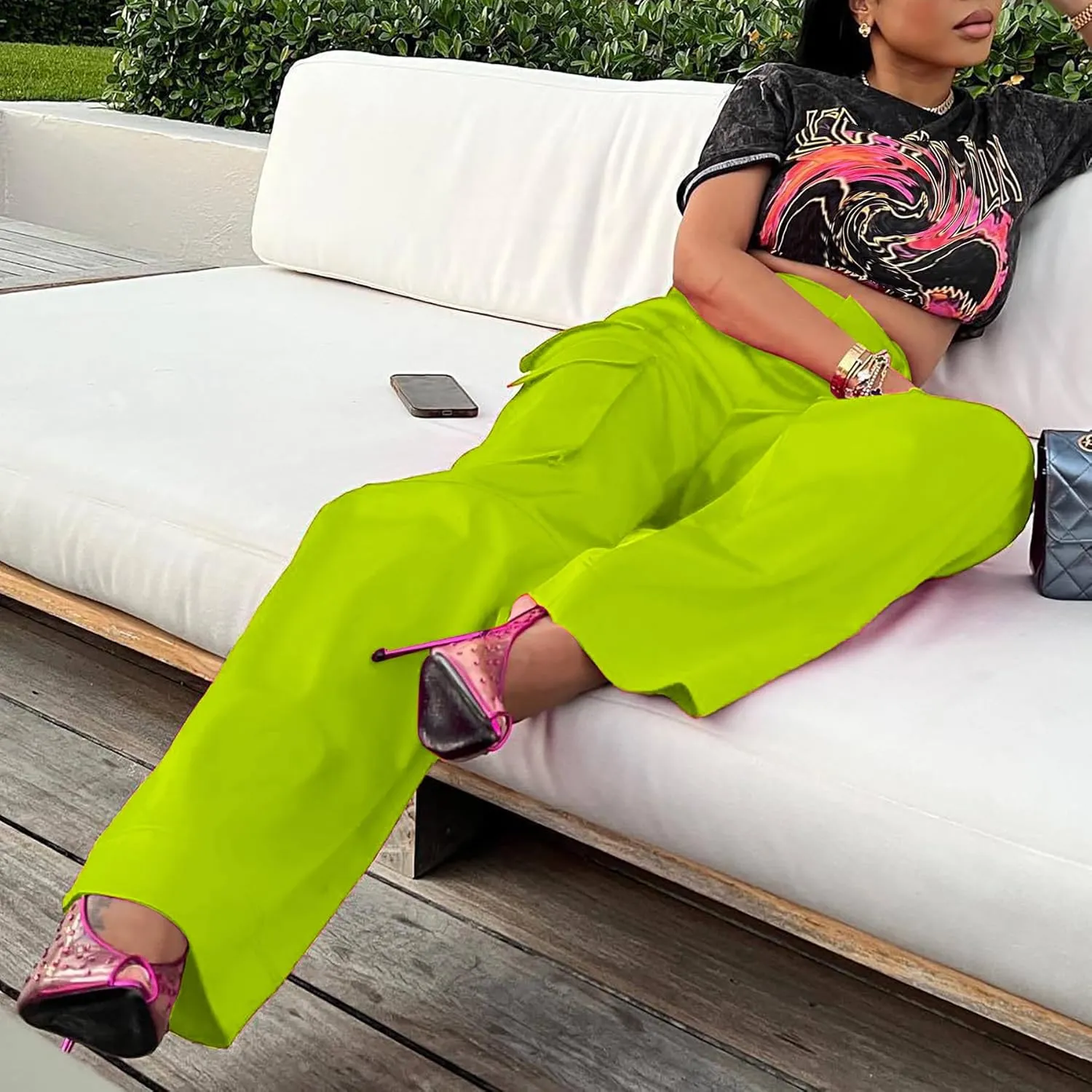 Lucuna Women's Satin Cargo Pants Y2K High Waisted Multi-Pocket Straight Leg Baggy Casual Trousers
