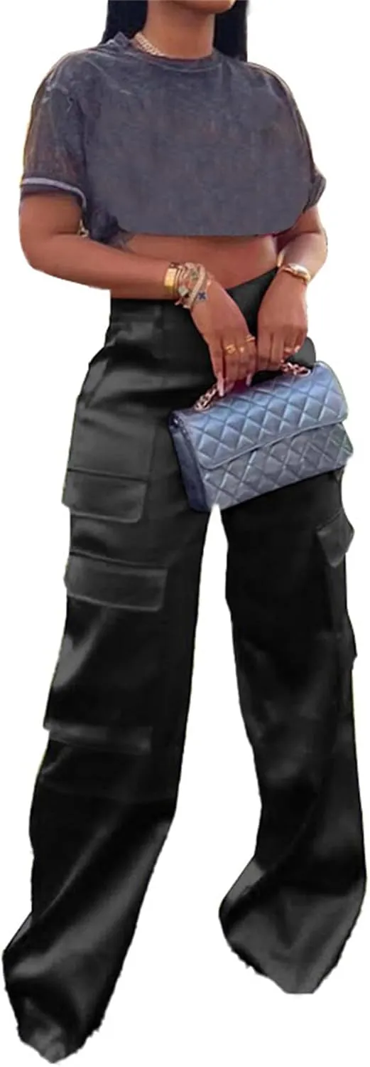Lucuna Women's Satin Cargo Pants Y2K High Waisted Multi-Pocket Straight Leg Baggy Casual Trousers