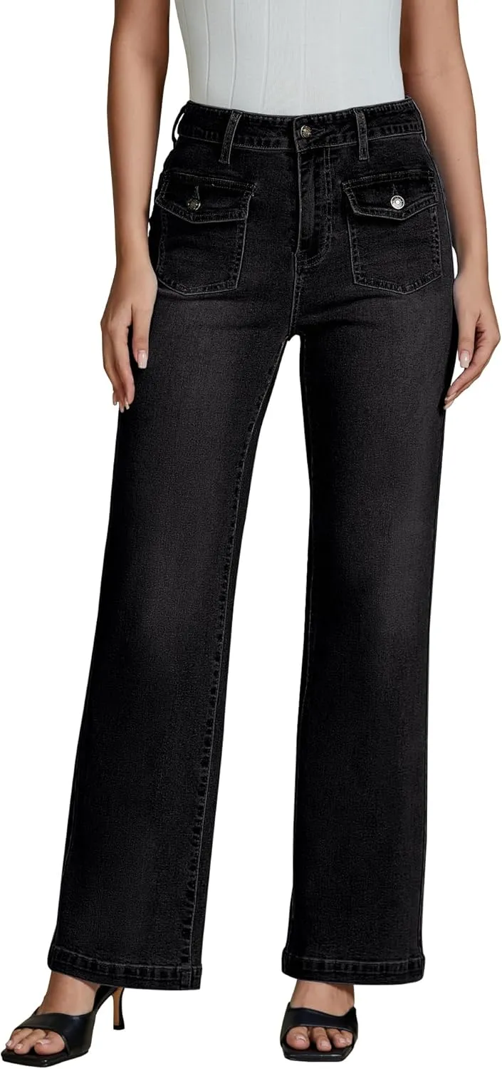luvamia Wide Leg Jeans Woman High Waisted Trendy Stretchy Denim Work Trouser Jeans with Retro Button Flap Patch Pockets
