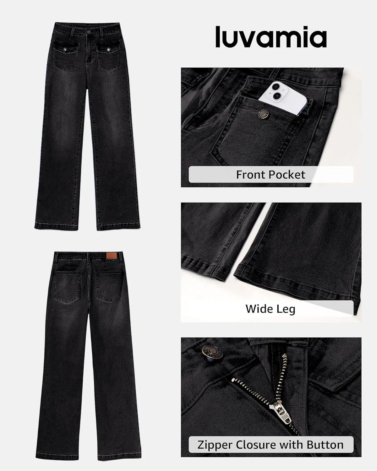 luvamia Wide Leg Jeans Woman High Waisted Trendy Stretchy Denim Work Trouser Jeans with Retro Button Flap Patch Pockets