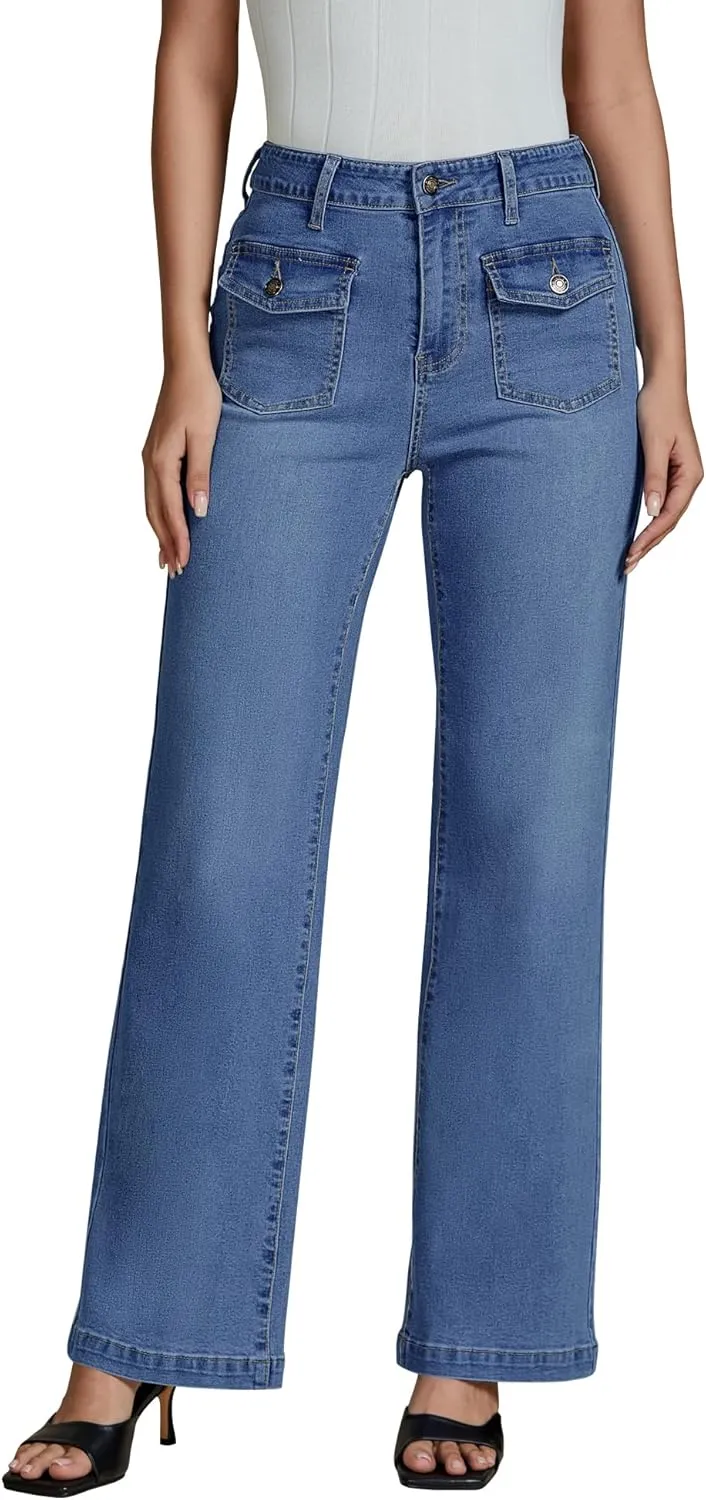 luvamia Wide Leg Jeans Woman High Waisted Trendy Stretchy Denim Work Trouser Jeans with Retro Button Flap Patch Pockets