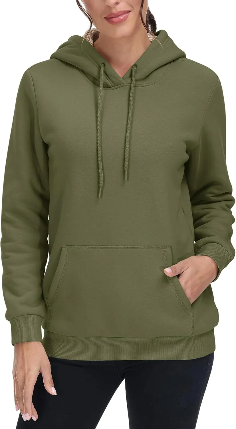 MAGCOMSEN Women's Winter Sherpa Lined Hoodie Warm Fleece Heavyweight Cotton Pullover Plain Hooded Sweatshirt with Pocket