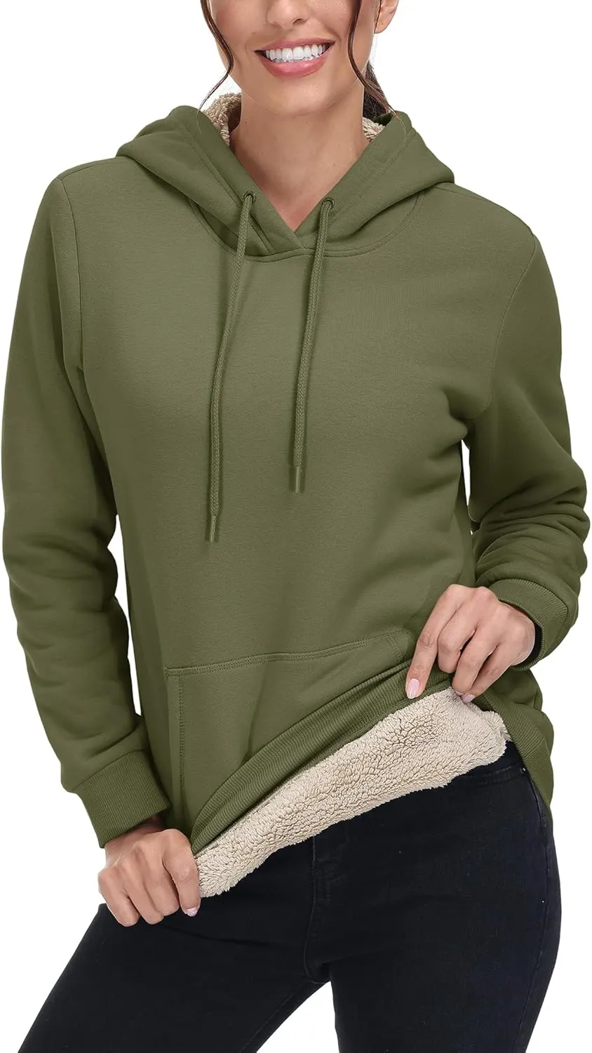 MAGCOMSEN Women's Winter Sherpa Lined Hoodie Warm Fleece Heavyweight Cotton Pullover Plain Hooded Sweatshirt with Pocket