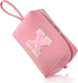 Makeup Bag, FUZVOL Small Cosmetic bag, Pink Corduroy Make Up Bag Organizer, Cute Preppy Stuff Personalized Gifts for Women,Travel Essentials Toiletry Bag,Small Makeup Pouch,Monogrammed Gifts, Letter X