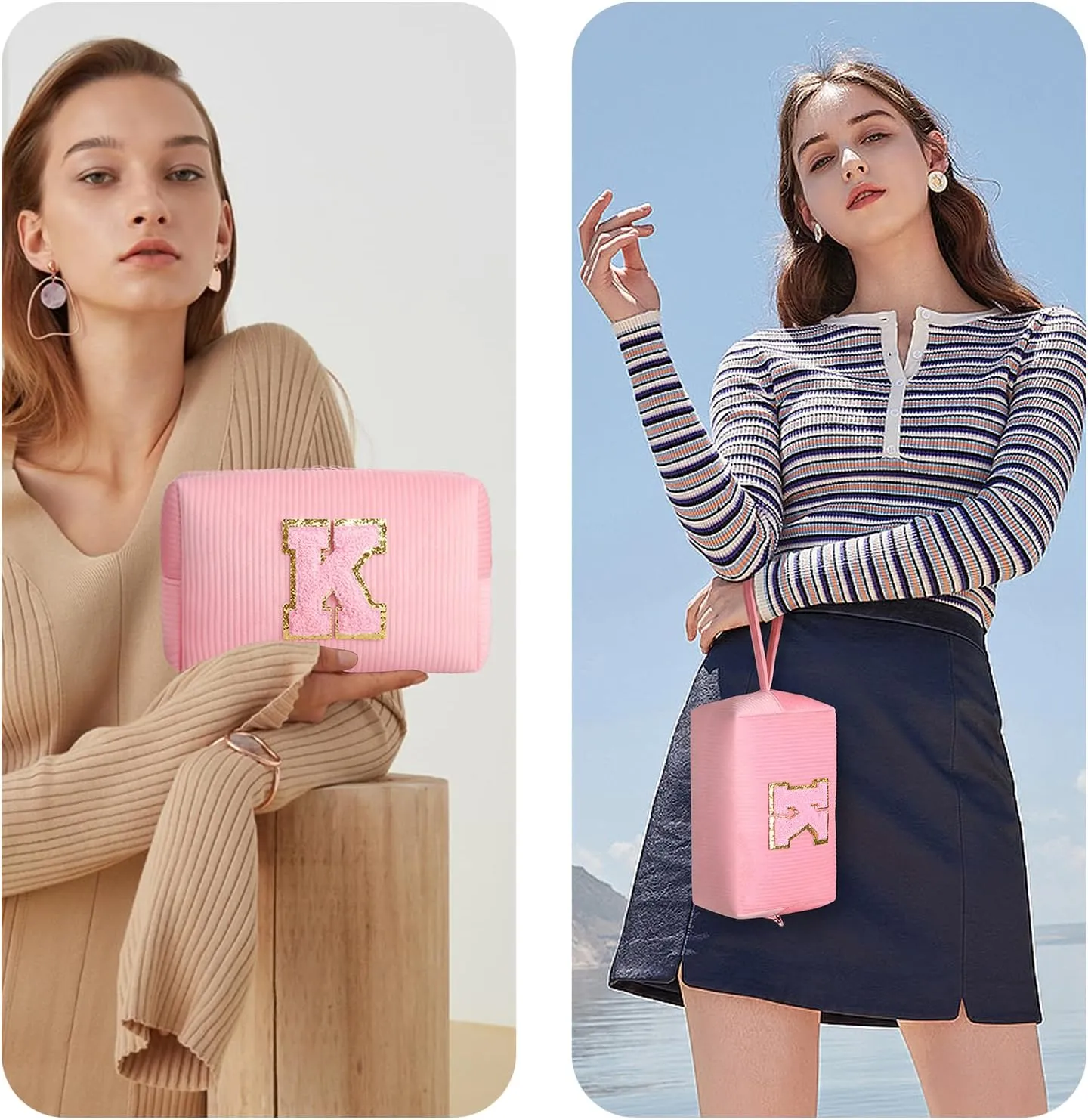 Makeup Bag, FUZVOL Small Cosmetic bag, Pink Corduroy Make Up Bag Organizer, Cute Preppy Stuff Personalized Gifts for Women,Travel Essentials Toiletry Bag,Small Makeup Pouch,Monogrammed Gifts, Letter X