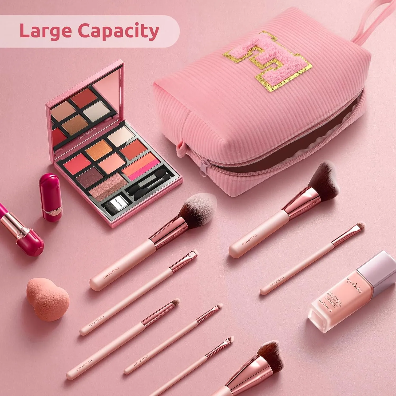 Makeup Bag, FUZVOL Small Cosmetic bag, Pink Corduroy Make Up Bag Organizer, Cute Preppy Stuff Personalized Gifts for Women,Travel Essentials Toiletry Bag,Small Makeup Pouch,Monogrammed Gifts, Letter X