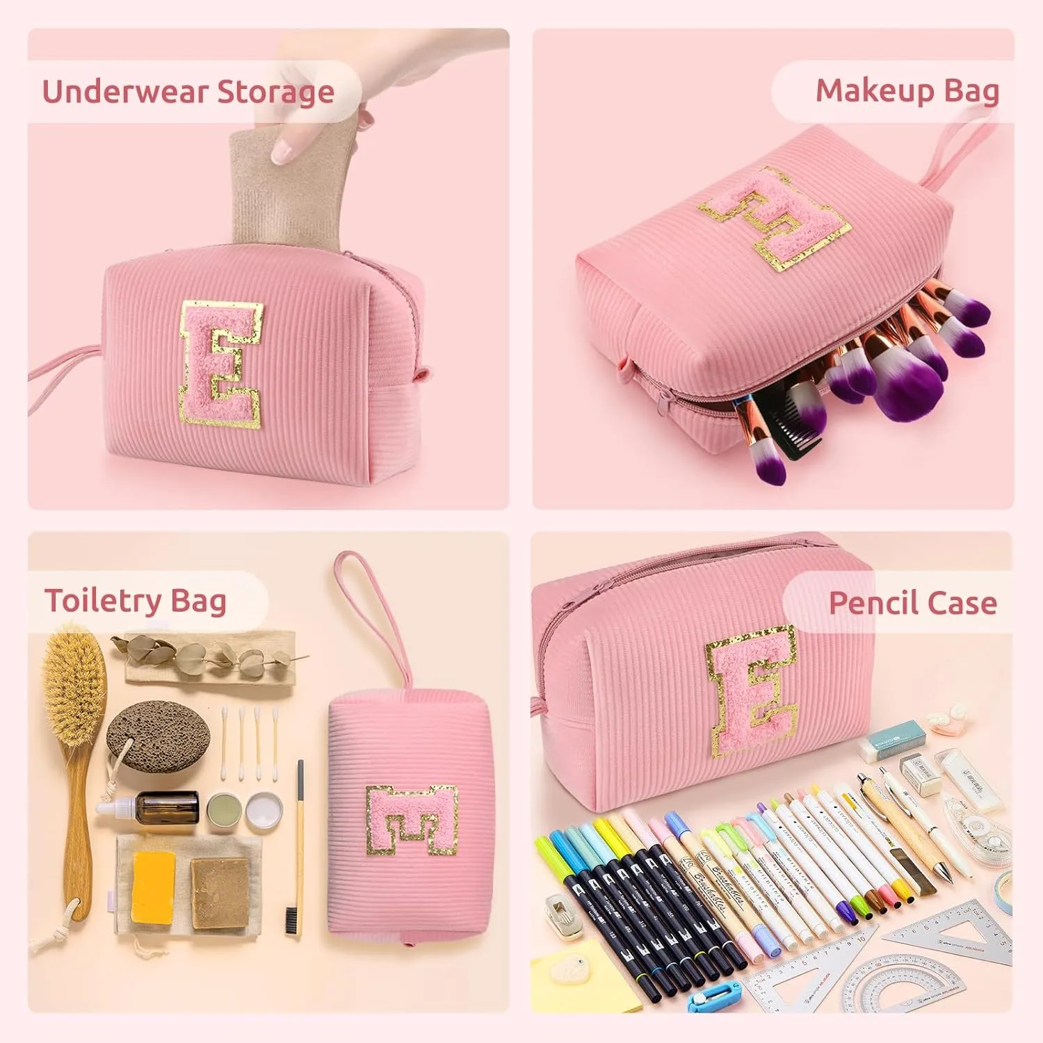 Makeup Bag, FUZVOL Small Cosmetic bag, Pink Corduroy Make Up Bag Organizer, Cute Preppy Stuff Personalized Gifts for Women,Travel Essentials Toiletry Bag,Small Makeup Pouch,Monogrammed Gifts, Letter X