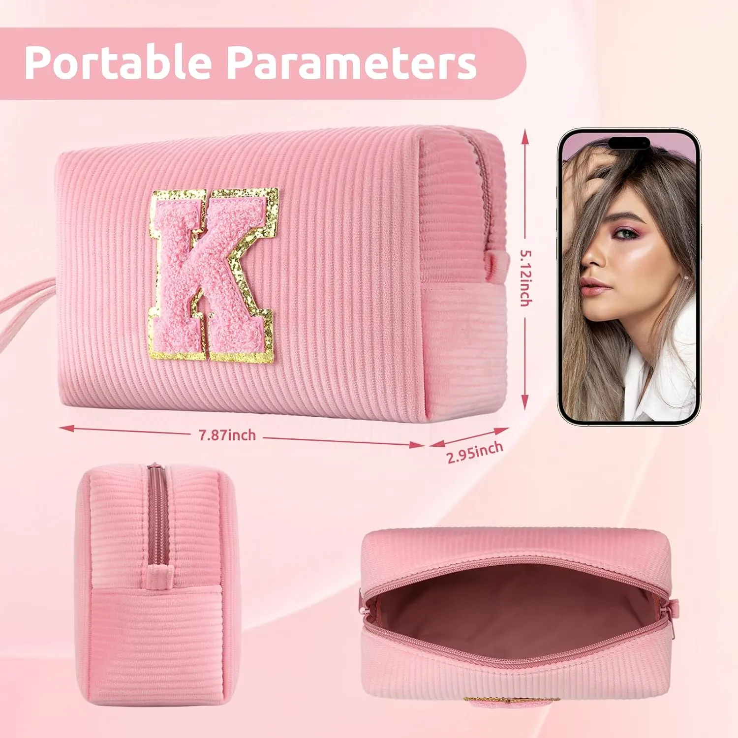 Makeup Bag, FUZVOL Small Cosmetic bag, Pink Corduroy Make Up Bag Organizer, Cute Preppy Stuff Personalized Gifts for Women,Travel Essentials Toiletry Bag,Small Makeup Pouch,Monogrammed Gifts, Letter X