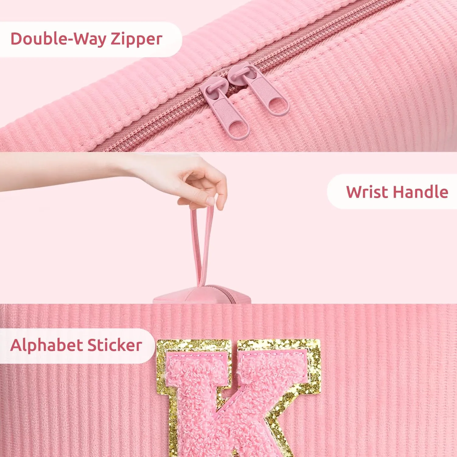 Makeup Bag, FUZVOL Small Cosmetic bag, Pink Corduroy Make Up Bag Organizer, Cute Preppy Stuff Personalized Gifts for Women,Travel Essentials Toiletry Bag,Small Makeup Pouch,Monogrammed Gifts, Letter X
