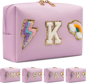 Makeup Bag Preppy Cosmetic Pouch, Monogram Initial Pink Cute Skincare Travel Make up Organizer, Waterproof PU Preppy Case Brithday Gift for Daughter Women Mother (Letter K)