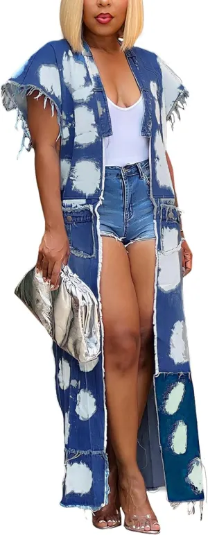 Mandonce Women's Denim Long Jacket Patchwork Multi-Pocket Chain Sleeveless Streetwear Loose Long Jacket