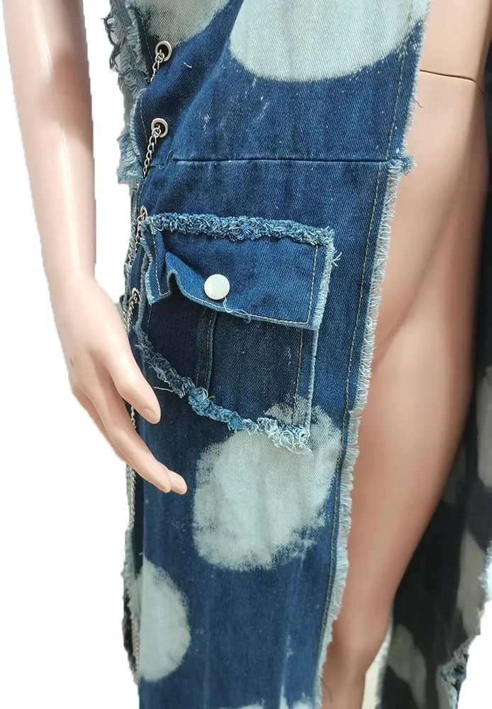 Mandonce Women's Denim Long Jacket Patchwork Multi-Pocket Chain Sleeveless Streetwear Loose Long Jacket